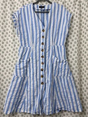 Essentials by ABS | Blue & White Vertical Stripe Button-Front Dress